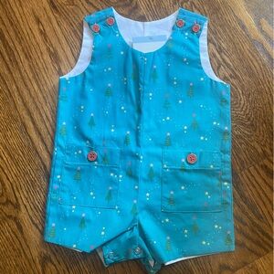 NWT Bella Bliss Aqua Green Yuletide Boys Front Pocket Jon Jon Romper, size 9M